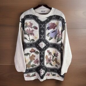 Vintage 80s Sweater L Floral Geometric Granny Kitsch Tunic Cream Gray Pink